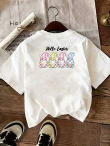| Exquisite Design | Loose And Comfortable | Easy To Match | Women's Short-Sleeved Casual Crew Neck T-Shirt With Front And Back Print, Happy Easter, Elf Print, Comfortable Fit, Soft Fabric, Classic Design, A Must-Have Fashion Item For Women. - 白色 - 查看 2