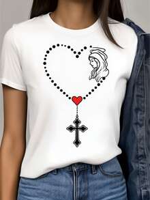 Women's Printed T-Shirt - Casual Short Sleeve Crew Neck T-Shirt In White With Heart Shaped Rosary Design - Relaxed Fit For All Seasons, Perfect For Everyday Wear And Holiday Outfits (Machine Washable). - 白色 - 查看 1
