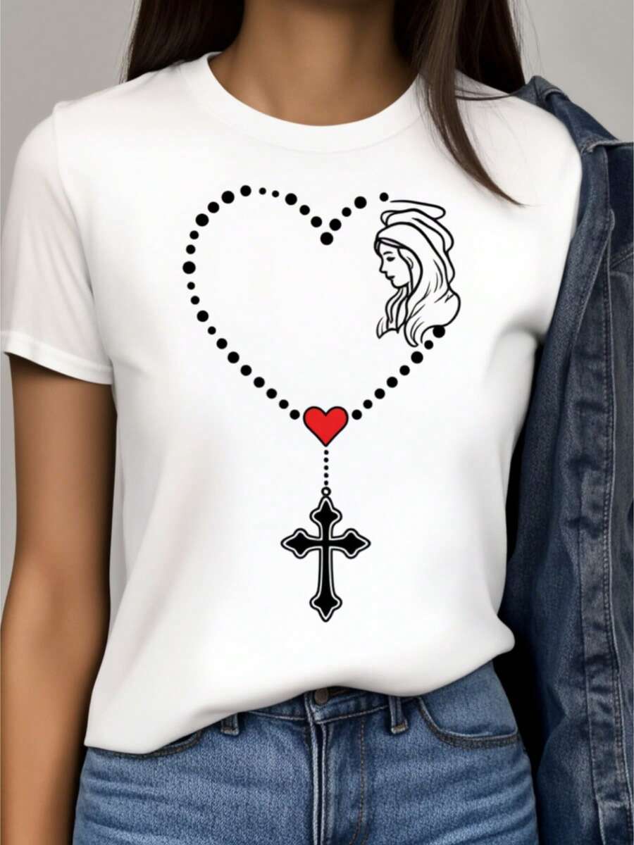 Women's Printed T-Shirt - Casual Short Sleeve Crew Neck T-Shirt In White With Heart Shaped Rosary Design - Relaxed Fit For All Seasons, Perfect For Everyday Wear And Holiday Outfits (Machine Washable). - 白色 - 查看 1