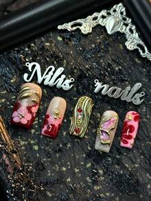 Set de 10 piezas de uñas cuadradas de cobertura completa hechas a mano, que incluye uñas rojas, uñas francesas rosas, patrones florales pintados a mano en rosa y rojo - Rojo - Ver 7