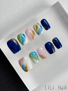 10 Stück handgefertigte kurze quadratische Nagelspitzen, Blau & Gold Farbverlauf, mit Glitzerdekoration, geeignet für den täglichen Arbeitsweg, Partys und Bürokleidung von Frauen, wiederverwendbar, mit Nagelwerkzeug-Set - Verschiedenfarbig - Übersicht 4