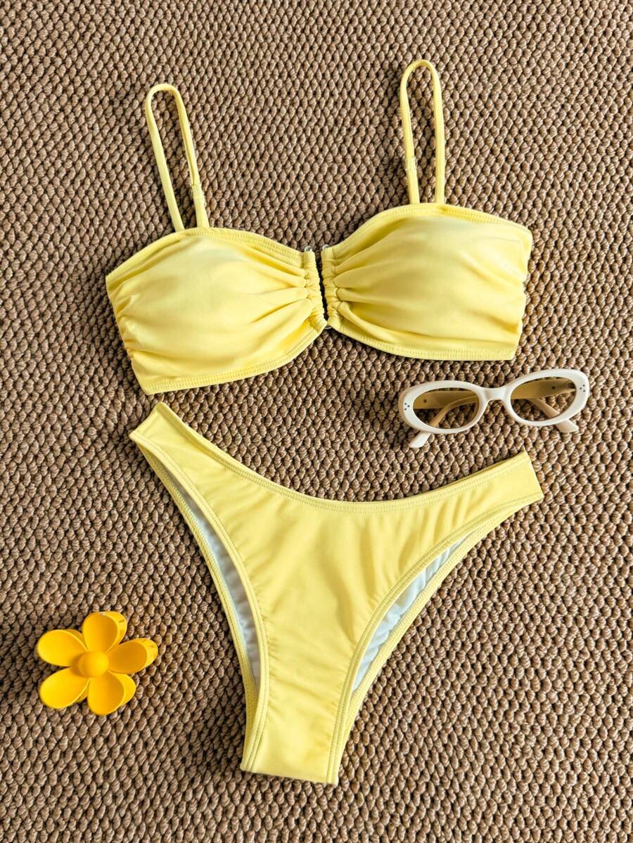 Bộ bikini màu vàng trơn với áo quây có nơ và quần cạp cao, đồ bơi mùa hè dành cho nữ. - Màu vàng - Xem 1