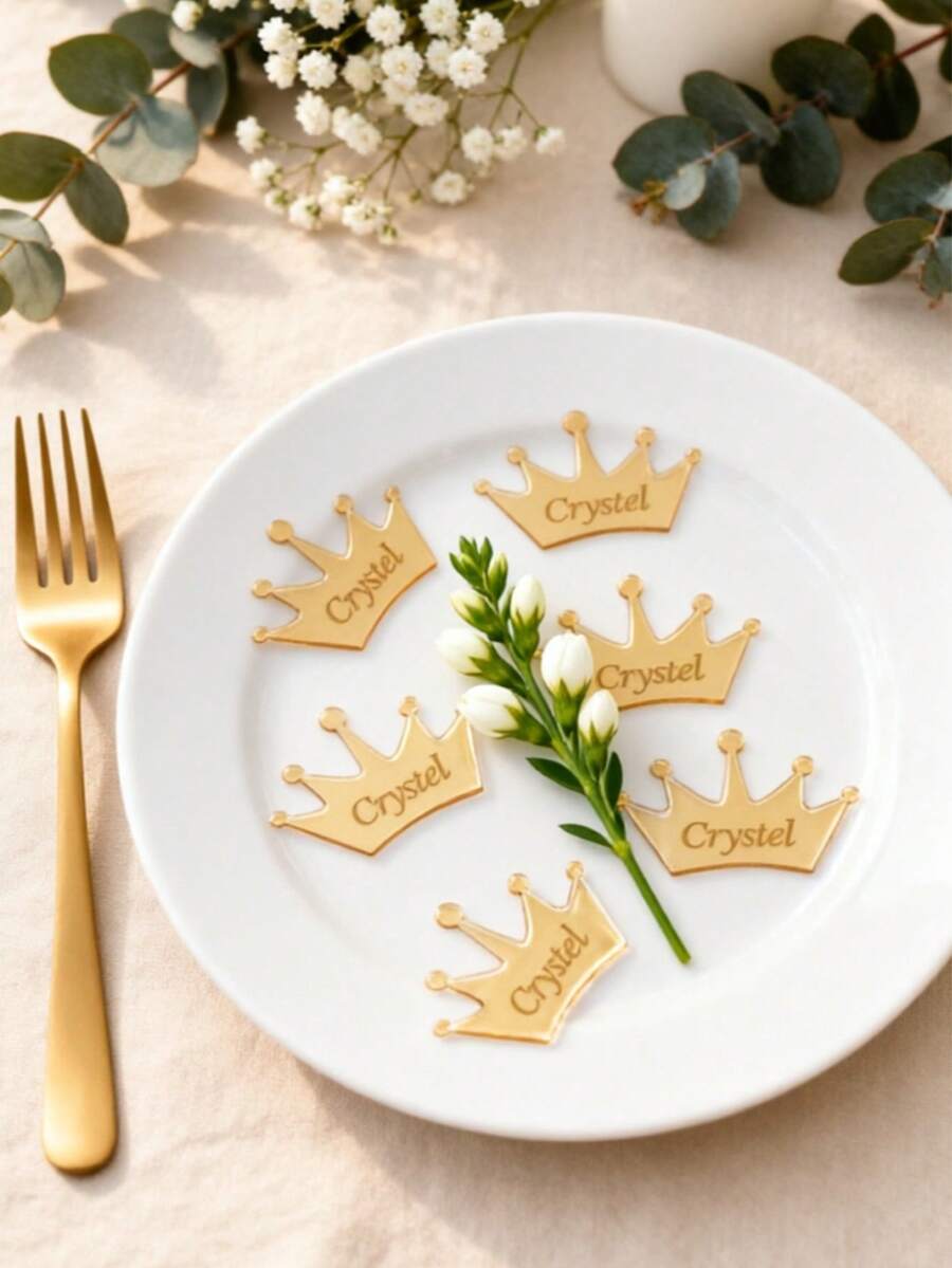 Personalized Acrylic Mirror Crown Stickers - Gold Or Silver - Wedding Favors, Customized Gold Mirror Acrylic Wedding Labels With Ribbons, Can Be Engraved With Names Or Logos, Engagement Labels, Royal-Core, Personalized Gift - Crown Label - View 1