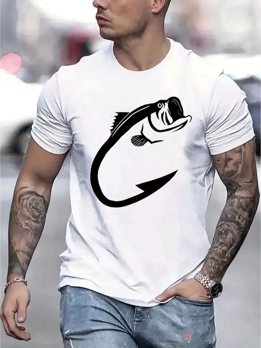 Bass Fish Men's T-Shirt, Comfortable, Round Neck, Casual, Cotton, Short Sleeve, Soft And Breathable, Men's Clothing, Spring-Summer Urban Style, Cotton T-Shirt With Fashionable Letter Print. - 白色 - 查看 1