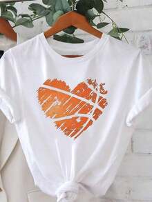 Talla Grande - Talla Grande - Una camiseta elegante e casual de cuello redondo para mujer en talla grande, con un patrón de baloncesto en forma de corazón que encarna la pasión y la energía por | Estampado de animales adorables | Estampado de letras divertidas | Combinable con la moda callejera | Ropa para el verano al aire libre o para el día a día | Ropa diaria para chicas dulces o estudiantes | Ropa fresca y sin sudor en verano | Estampado de animales adorables | Estampado de letras divertidas | Combinable con la moda callejera | Ropa para el verano al aire libre o para el día a día | Ropa diaria para chicas dulces o estudiantes | Ropa fresca y sin sudor en verano - Blanco - Ver 7