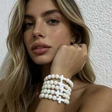 1pc 8MM Natural Stone Cross Healing Bracelet, Gift For Christians And Prayer - White Turquoise - View 3