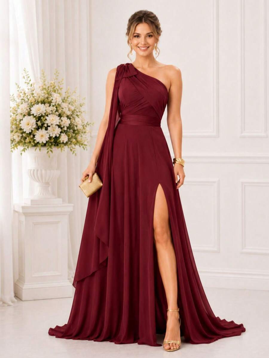 Bridesmaid Dress For Party Guests Reception Graduation Without Shine Cape Sleeve In Fluity - Redwood - View 1