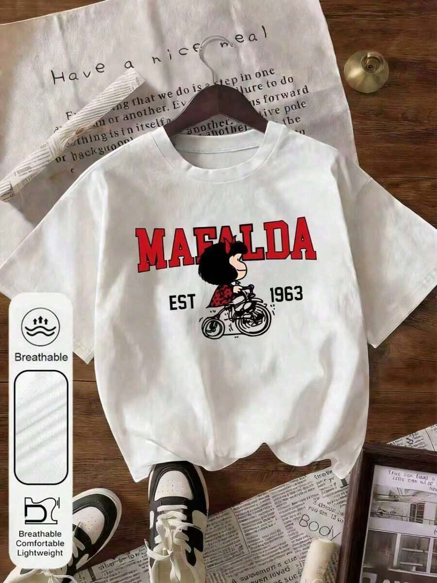 Women's Casual White Summer Top With Short Sleeves And Round Neck With MAFALDA 1963 Print, Breathable And Comfortable. - 白色 - 查看 1