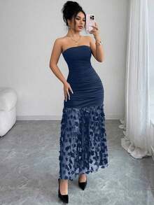 Elegante y lujoso vestido de noche para mujer de unicolor, con cintura fruncida, ajuste ceñido y contraste de malla floral - azul real - Ver 3