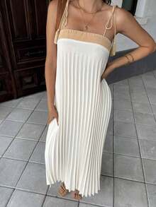 Vestido informal de unicolor con costuras de pliegues, tirantes con flecos para vacaciones, para mujeres - Albaricoque - Ver 3