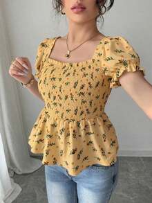 Blusa elegante de mujer con estampado floral diminuto y ajuste ceñido - Amarillo - Ver 5