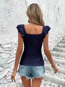 VCAY Camiseta De Mangas De Mariposa Con Cuello Cuadrado Y Bordado De Ojales, Camisa De Mujer - Azul marino - Ver 2