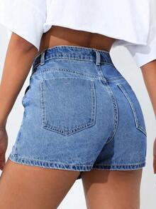 PETITE Short vaquero sexy con bolsillo frontal, cruce de cintura y abotonado para mujer - Azul lavado medio - Ver 2