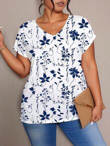 Blusa informal de talla grande con cuello en V, mangas tipo murciélago y estampado floral para el verano, ideal para vacaciones - Multicolor - Ver 3