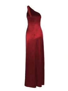 Vestido de verano para mujer , color vino tinto, vestido de fiesta con un hombro, fruncido elástico y abertura, adecuado para el Día de San Valentín, citas, reuniones, fiestas, viajes, vacaciones, playa y otras ocasiones - Rojo - Ver 9