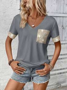 LUNE Camiseta de mujer casual de manga corta con cuello en V, parches y lentejuelas - Gris Oscuro - Ver 4