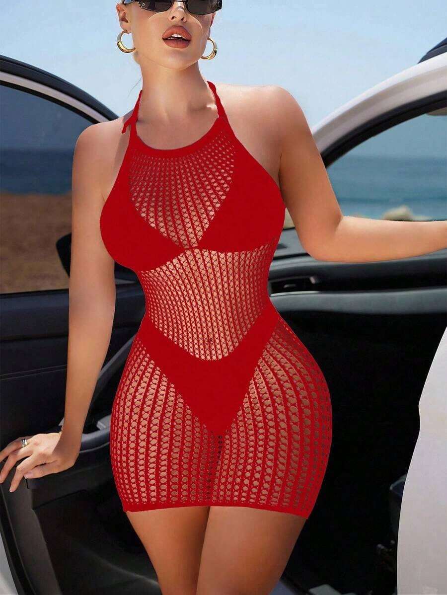 Swim  Vestido de encubrimiento sin mangas con cuello halter para mujeres para vacaciones de verano en la playa con apliques huecos - Rojo - Ver 1