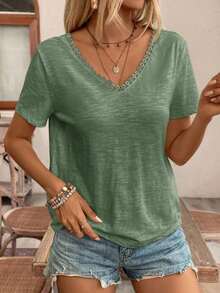 Top con espalda al descubierto y encaje entrelazado, camiseta, blanco imprescindible, conjunto de verano, imprescindible de la temporada de bodas, estilo francés - Verde Oscuro - Ver 4