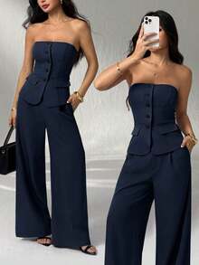 1 Conjunto de Top Camisola Ajustada de unicolor y Pantalones Elegantes para Otoño/Invierno - Azul marino - Ver 1