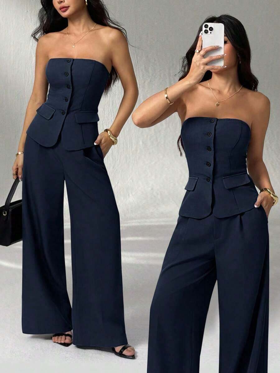 1 Conjunto de Top Camisola Ajustada de unicolor y Pantalones Elegantes para Otoño/Invierno - Azul marino - Ver 1