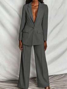 Conjunto de blazer y pantalones de unicolor y manga larga minimalista para mujer - Gris Oscuro - Ver 3