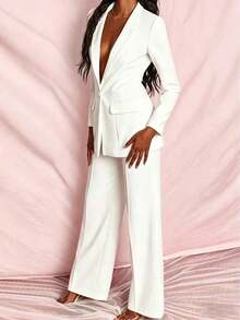 Conjunto de blazer y pantalones de unicolor y manga larga minimalista para mujer - Blanco - Ver 5