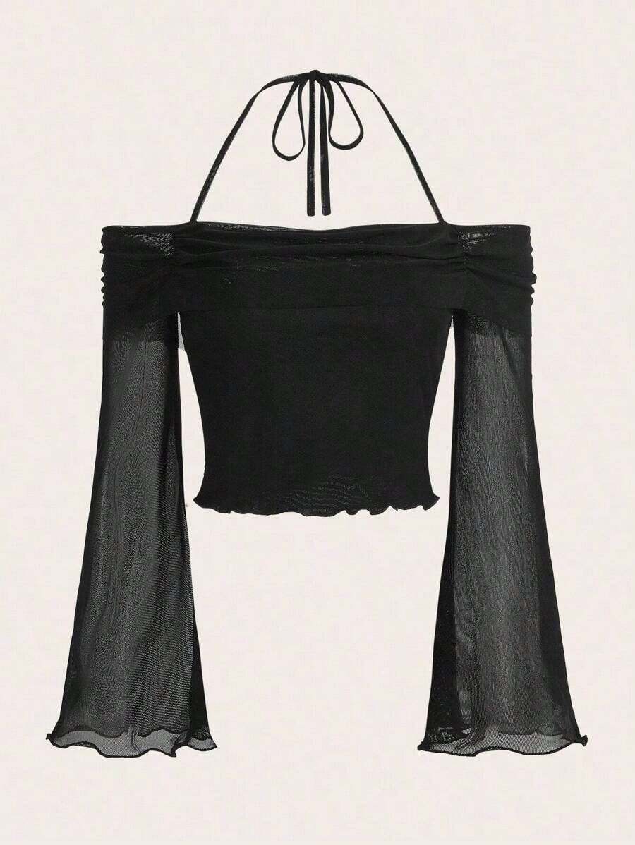 Top crop unicolor de cuello halter de manga con volante - Negro - Ver 1