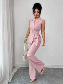 Conjunto elegante y romántico de blazer y corbata de moño para vacaciones y oficina para mujeres - Rosa - Ver 1