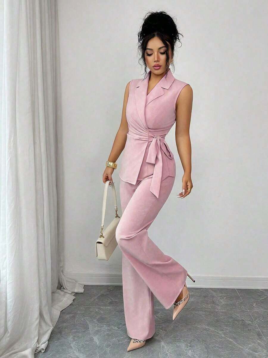 Conjunto elegante y romántico de blazer y corbata de moño para vacaciones y oficina para mujeres - Rosa - Ver 1