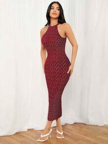 Vestido ajustado de cuello halter con estampado floral - Rojo - Ver 5