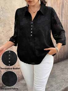 Blusa casual de mujer talla grande de unicolor, cuello en V, manga 3/4, decoración con botones, de tela de chifón jacquard - Negro - Ver 9