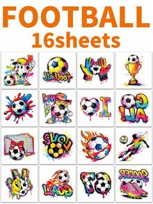 16sheets Soccer-Themed Party Tattoo Stickers, Featuring Realistic Football Designs Including Soccer Moves, Soccer Fields, Jerseys, And Cleats. Multi-Element Pattern Design For Sports Events And Soccer Party Costumes. Temporary Faux Tattoos - Multicolor - View 7