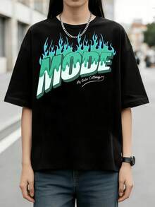 Retro Gradient Flame MODE Graphic Cotton Summer T-Shirt - Black - View 6
