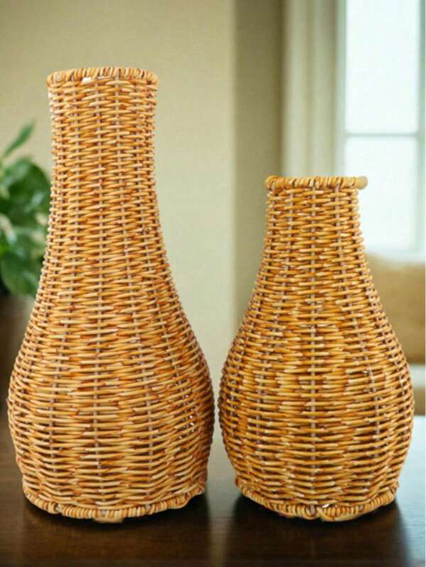 1Pc Retro Imitation Rattan Woven Vase Vases For Flowers, Handmade Woven Flower Basket For Wedding Decorations, Chic Decorative Vase For Bedroom Decor Room Home Decor, Suitable For Bookshelf Bathroom Living Room Farmhouse Office Tabletop,
