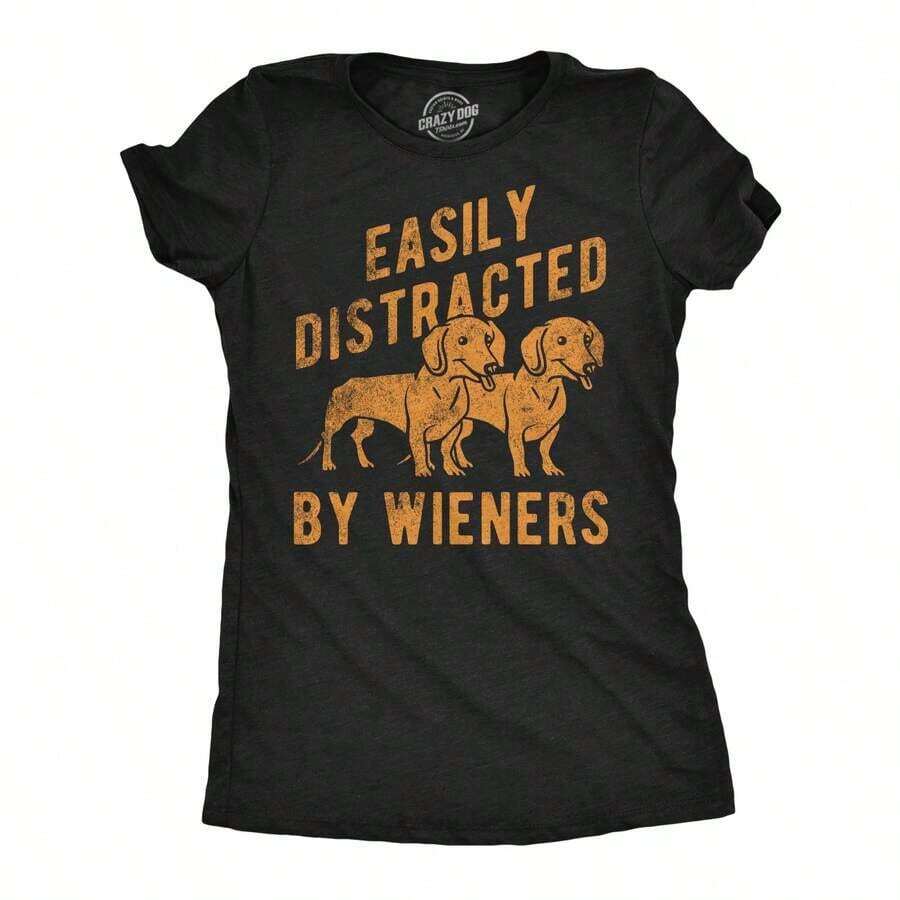 Funny T-Shirts For Women With Sarcastic Puppy Print "Easily Distracted By Sausages", Novelty T-Shirt For Ladies, Funny T-Shirts For Women, Cute Vintage Fashion Casual T-Shirt For Ladies, Gift. - 黑色 - 查看 1