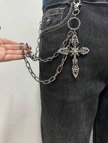1pc Fashionable Unisex Hip Hop Pants Chain, Oversized Diamond Cross Pendant Decoration, Suitable For Street Parties, Waist Accessory Gift - Black - View 2