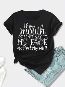 1 Women's Polyester Casual T-Shirt With "If My Mouth Doesn't Say It, My Face Definitely Will" Print, Round Neck, Short Sleeves, Knit Fabric, Regular Fit, Summer T-Shirt For Sports, Outdoor Activities, Work And Parties. - 黑色 - 查看 8