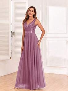 Vestido de dama de honor formal de línea A con escote en V sin mangas, bordado y de malla, vestido de fiesta elegante, vestido de invitado de boda formal, vestido de ceremonia de graduación, vestido de noche de primavera - Rosa vieja - Ver 2