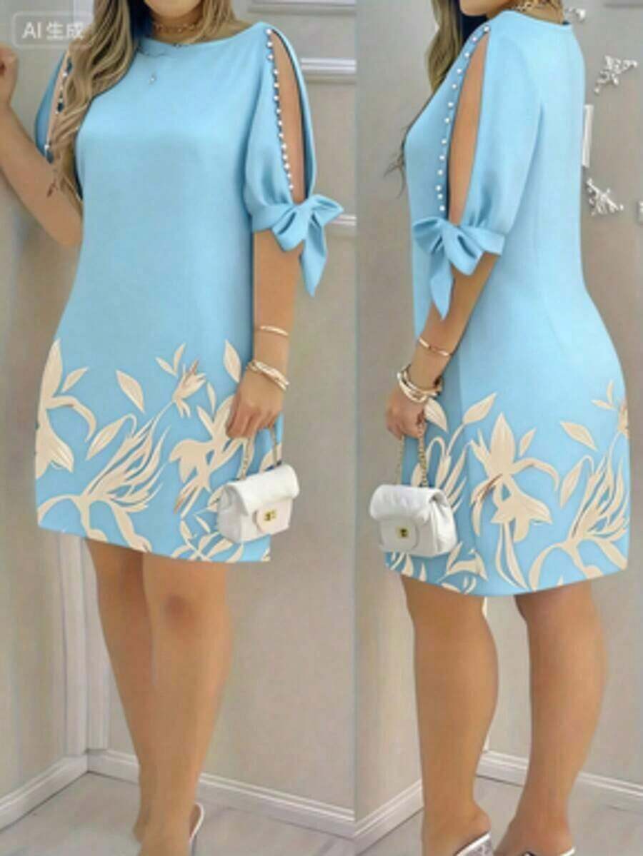 Vestido de mujer con estampado floral, mangas con volantes y adornos de perlas falsas, adecuado para vacaciones de primavera, uso diario casual, en casa y diversos eventos elegantes - Celeste - Ver 1