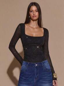 Body De Manga Larga Con Cuello Cuadrado Para Mujer - Negro - Ver 4