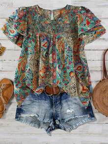 Blusa casual de mujer talla grande de unicolor con cuello redondo, mangas de doble capa, corta, plisada, versátil y de moda para el verano y vacaciones - Multicolor - Ver 6
