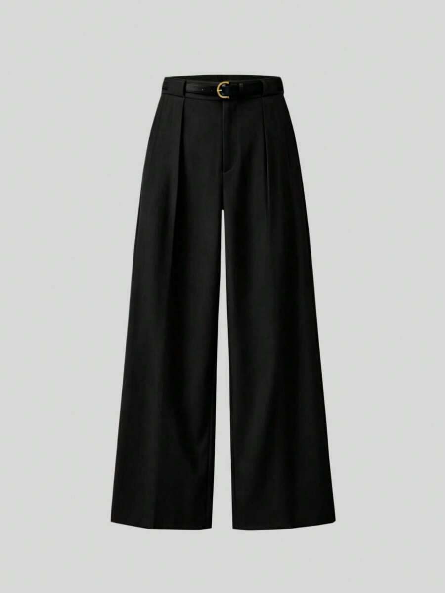 Mid-Waist Solid Color Elegant Straight Leg Pants With Belt Black Spring - Black - View 1