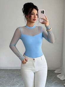 Blusa de manga larga elegante de unicolor con empalme transparente y ajuste elástico para mujer, otoño/invierno - Celeste - Ver 4