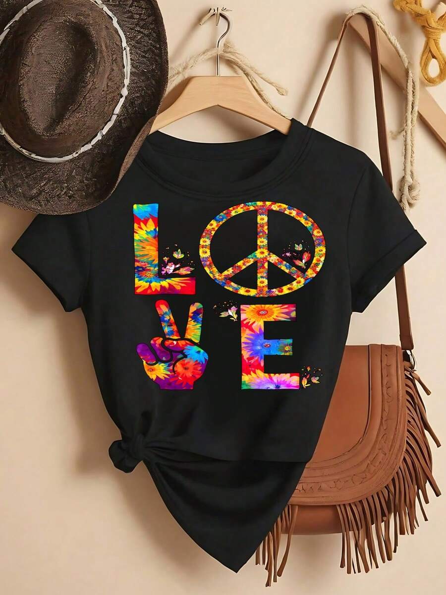 Women's Short Sleeve Cotton Crew Neck T-Shirt - Peace Symbol, Love - Fashionable Printed T-Shirt For Spring/Summer, Your Best Choice! Simple T-Shirt For Everyday Wear - 黑色 - 查看 1