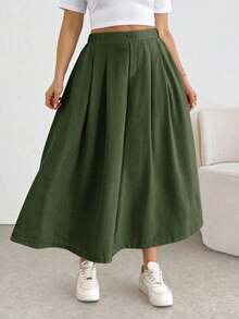 Comfortable And Loose-Fitting Elastic-Waist Pleated Shorts/Skirts, A Basic And Versatile Style For Everyday Wear, Flattering The Figure, In Apricot Color, For Plus-Size Women, For Spring/Summer - Army Green - View 10