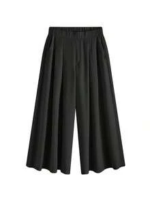 Pantalones/faldas cortas plisadas de cintura elástica, cómodos y sueltos, de estilo básico y versátil, para uso diario, que estilizan la figura, en color albaricoque, para mujeres de talla grande, para primavera/verano - Negro - Ver 10