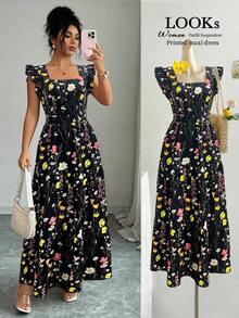 Women's Dress With A Square Neckline, Fitted Waist, And Flared Sleeves In A Multicolored Print. Elegant And Sophisticated, Suitable For Valentine's Day, Easter, Labor Day, Birthdays, Dates, Parties, Formal Occasions, Teacher Outfits, High-Vibe Looks, Travel And Vacations, Streetwear, Spring And Summer. - 黑色 - 查看 8