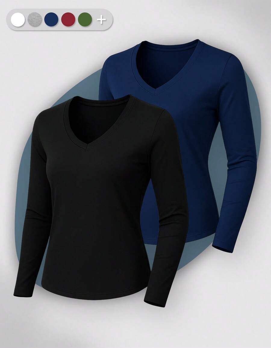 Set Of 2 Long Sleeve T-Shirts, Base Layer Blouses, V-Neck, Slim Fit, Workwear, Winter, Basic, Plain - 藏蓝色 - 查看 1