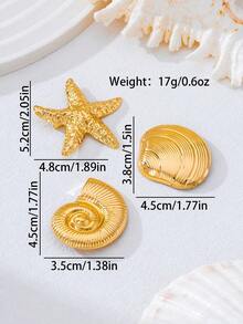 1pc/3pcs Brooch Bikini Accessories, Starfish, Shell, Conch Bohemian Textured Asymmetrical Golden Metal Ocean Life Brooch, Suitable For Daily, Party, Music Festival, Beach, Bikini, Elegant And Refined For Women - Yellow Gold - View 6
