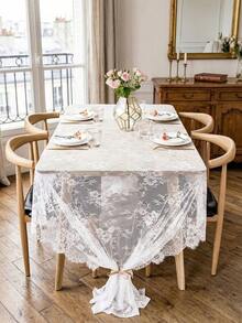 SGIAWETA-1pc White Lace Tablecloth Fabric Combination, With Tassel Edges And All-Over Lace Embroidery Design, Keywords: Lace Fabric, Tassel Lace, Embroidered Lace, Wedding Dress, Bridal Gown, Clothing Accessories, Tablecloth, Table Runner, Wedding Decor, Home Decor, White Lace, Wedding Ceremony, Mother's Day, Father's Day, Party Tablecloth-Birthdaygift - 001 - 查看 10